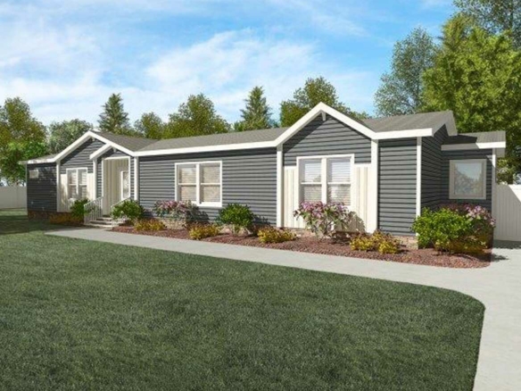 Gray manufactured home with white trim and green grass