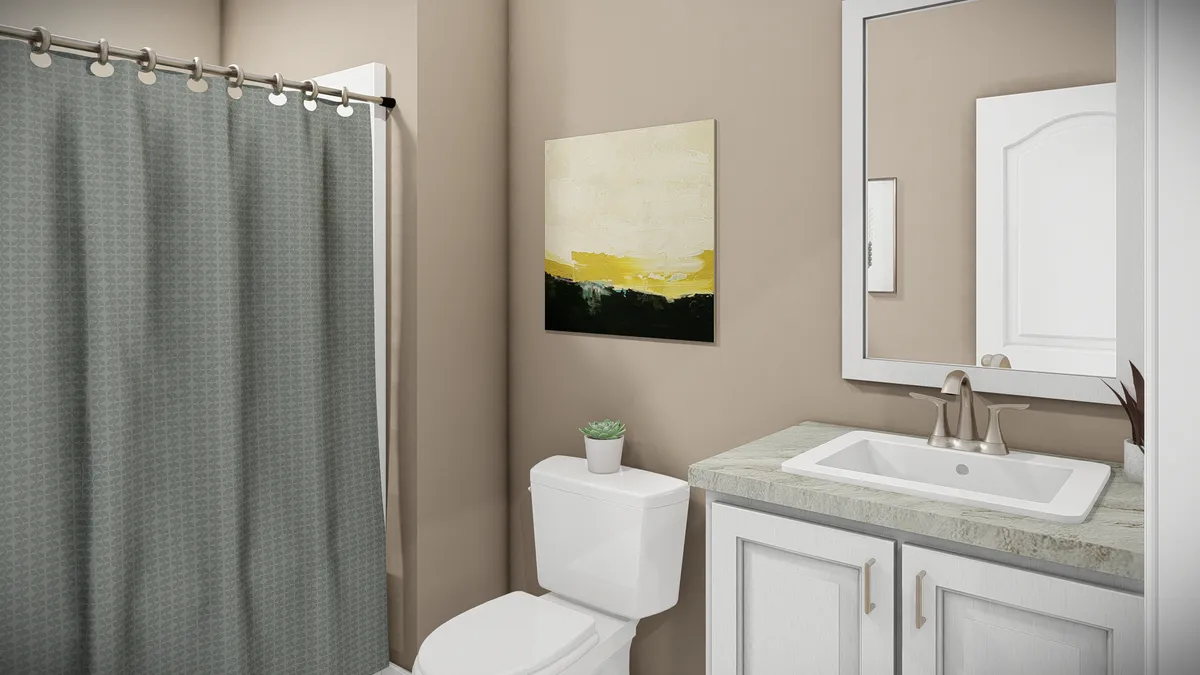 A 3d rendering of a bathroom with a shower curtain.
