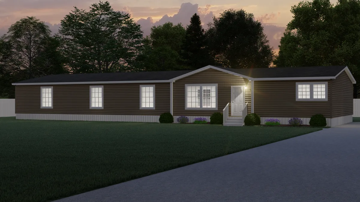 A rendering of a mobile home at dusk.