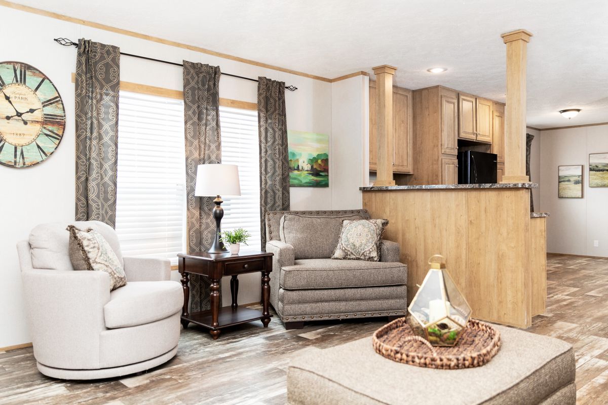 A living room in a mobile home.