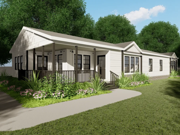 A rendering of a small home with a front porch.
