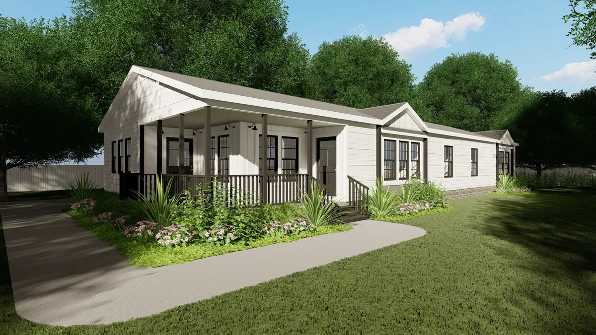 A rendering of a small home with a front porch.