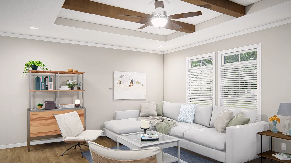 A rendering of a living room with a ceiling fan.