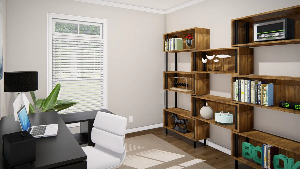 A 3d rendering of a home office with bookshelves and a desk.