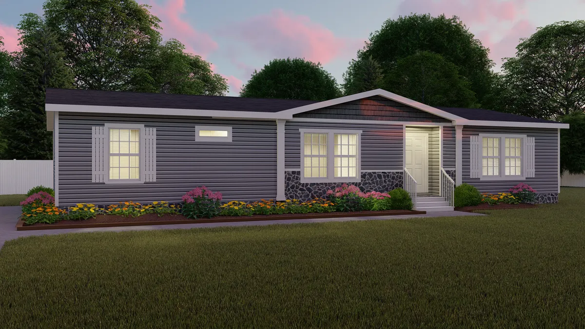 A rendering of a mobile home at dusk.