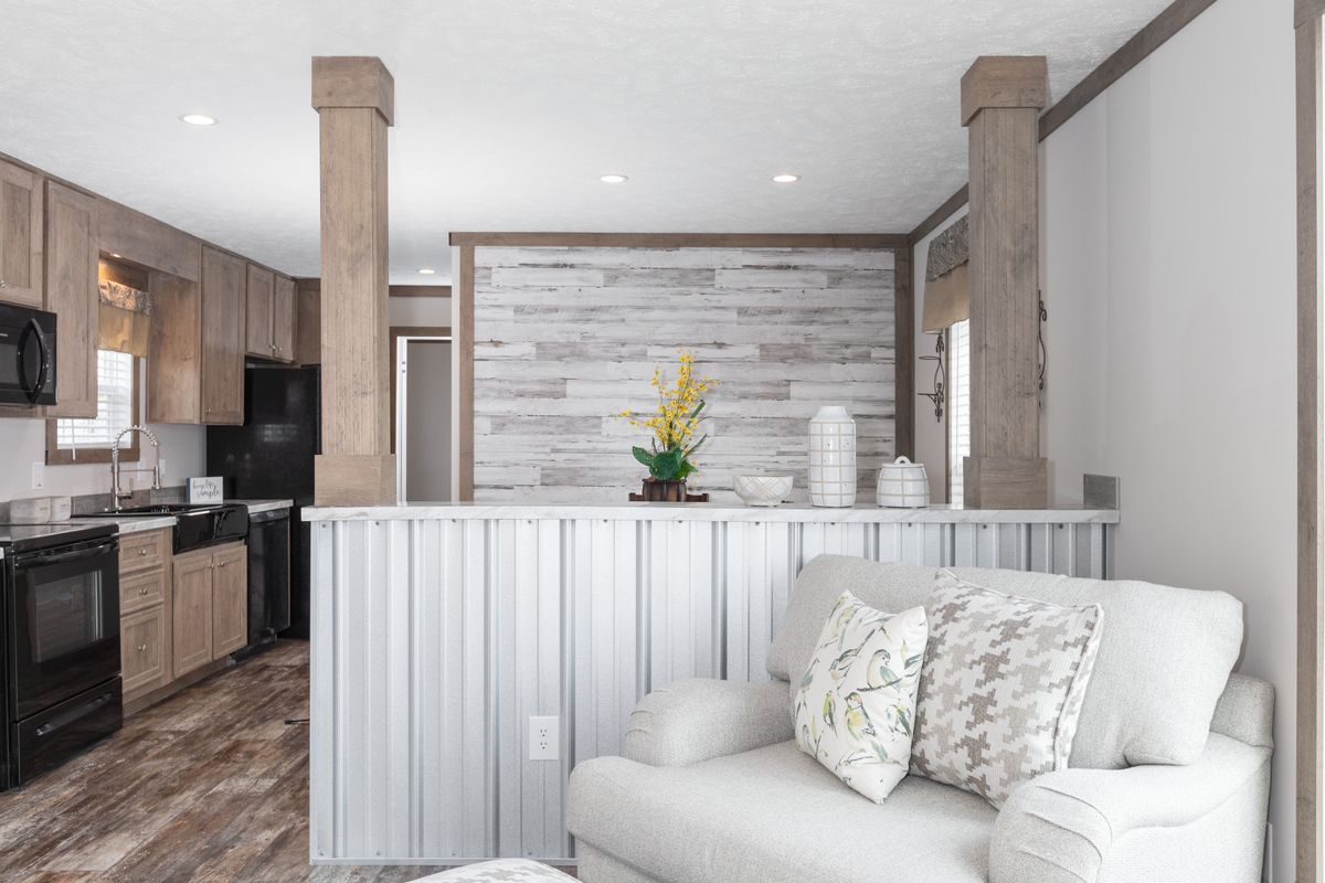 mobile home, living room, kitchen