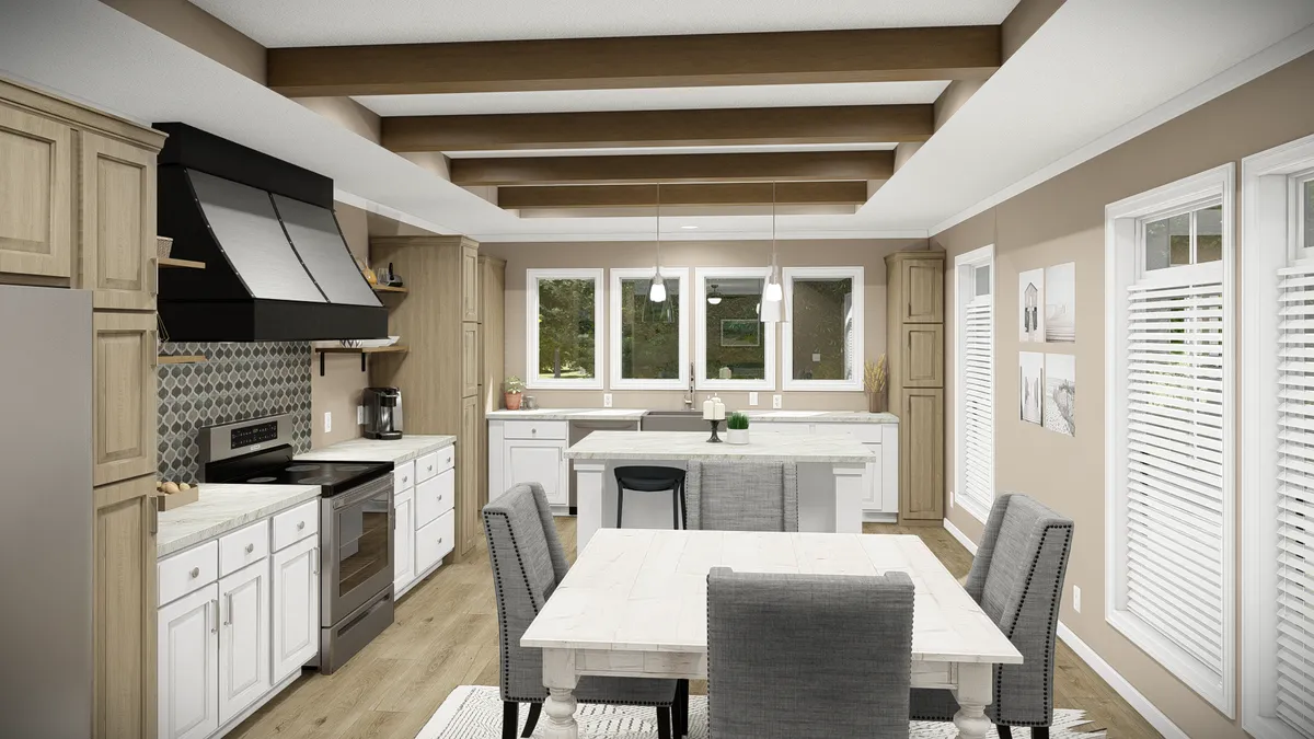 A 3d rendering of a kitchen and dining room.