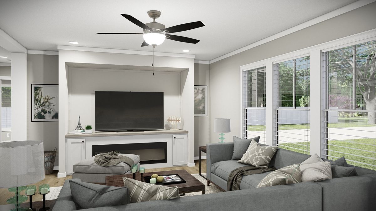 12029a03-7ad3-49ad-ac97-0178725eacde A rendering of a living room with a ceiling fan.