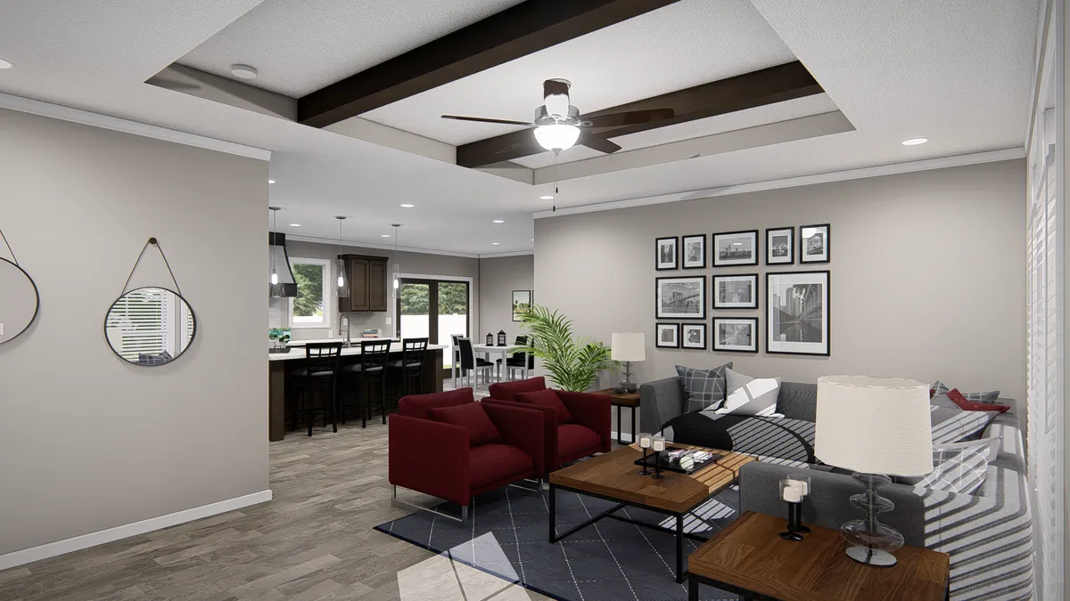 A rendering of a living room with a ceiling fan.