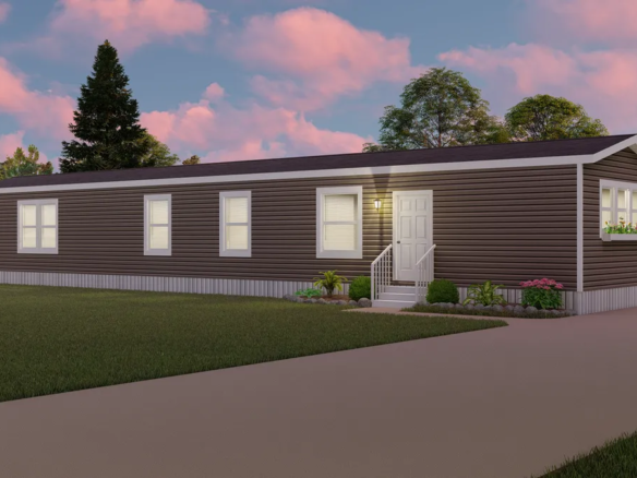 A rendering of a mobile home at dusk.