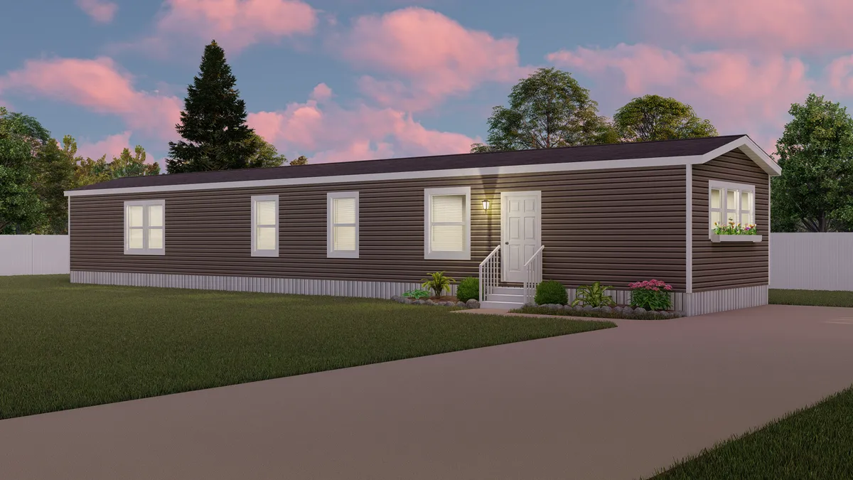 A rendering of a mobile home at dusk.