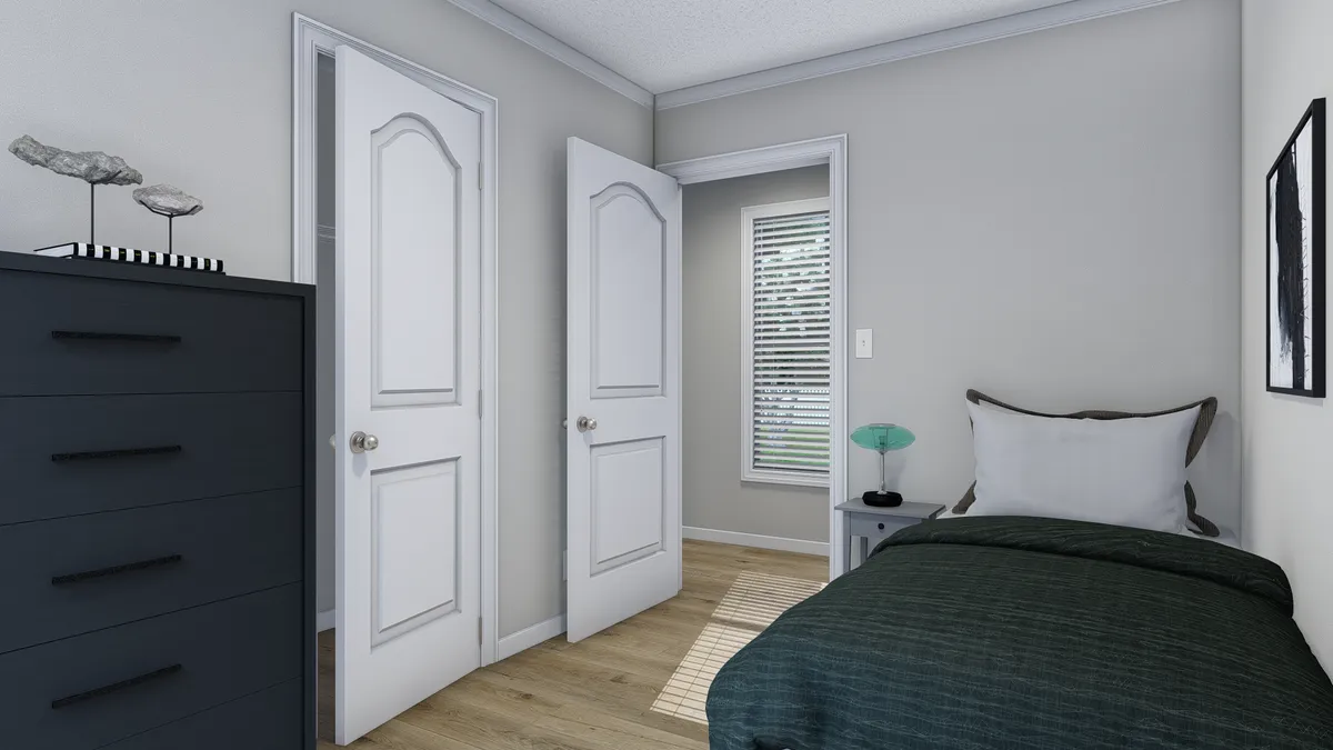 A rendering of a bedroom with a bed and dresser.