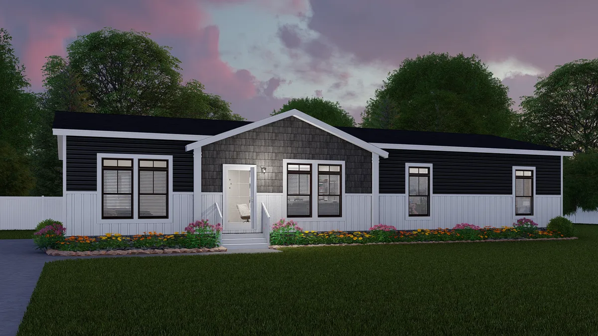 A rendering of a mobile home at dusk.