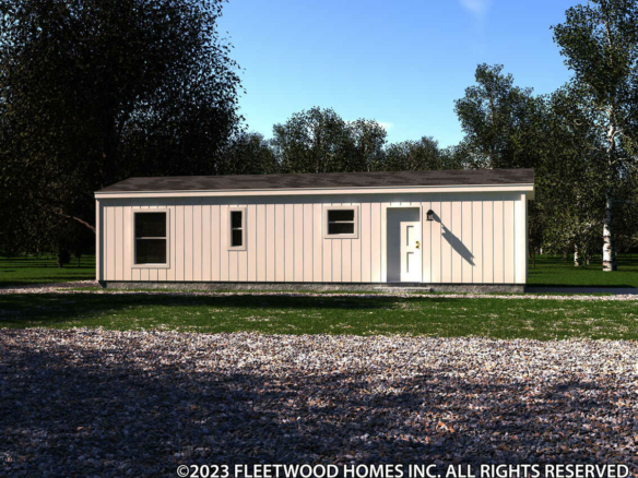 A 3d rendering of a small cabin in the woods.