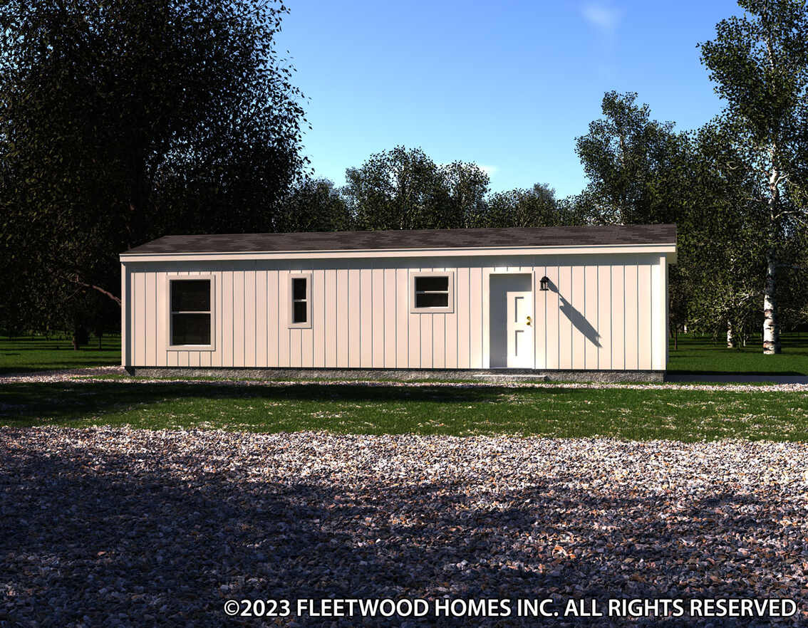 A 3d rendering of a small cabin in the woods.
