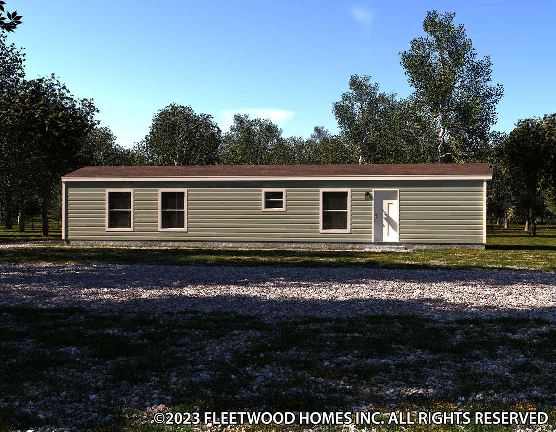 A rendering of a mobile home in a field.