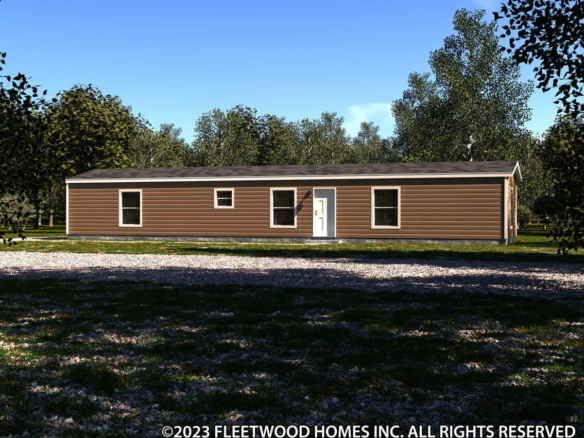 A rendering of a mobile home in the woods.