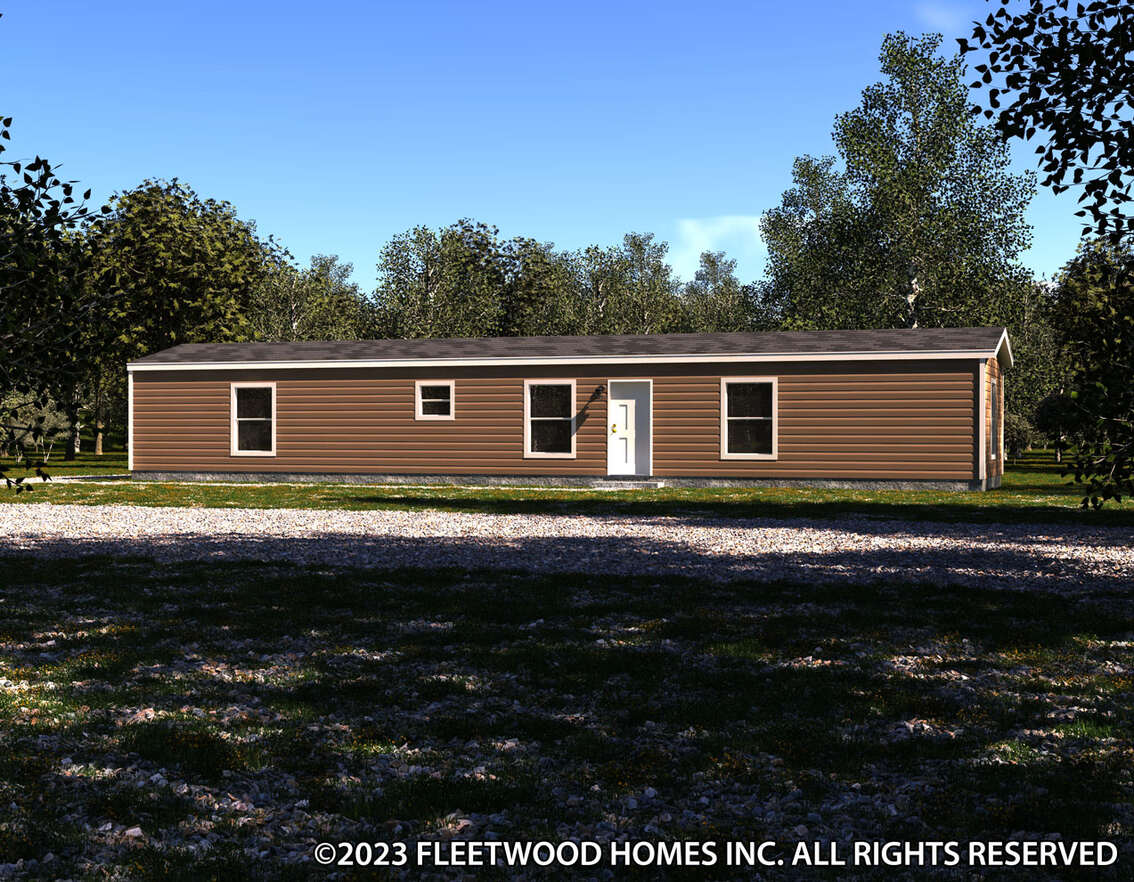 A rendering of a mobile home in the woods.