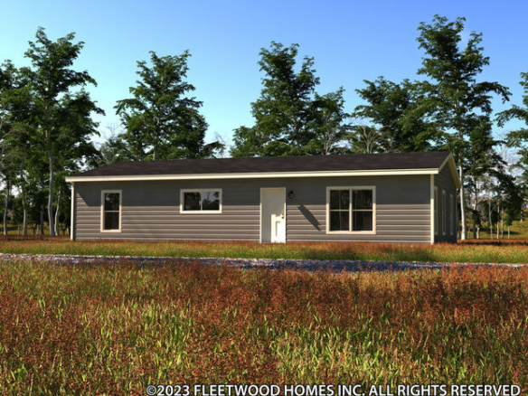 A 3d rendering of a small house in the middle of a field.