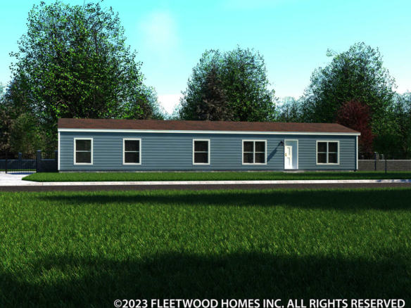 A rendering of a mobile home in a field.