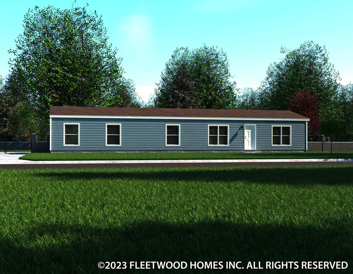 A rendering of a mobile home in a field.
