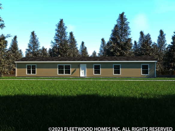 A rendering of a mobile home in a field.