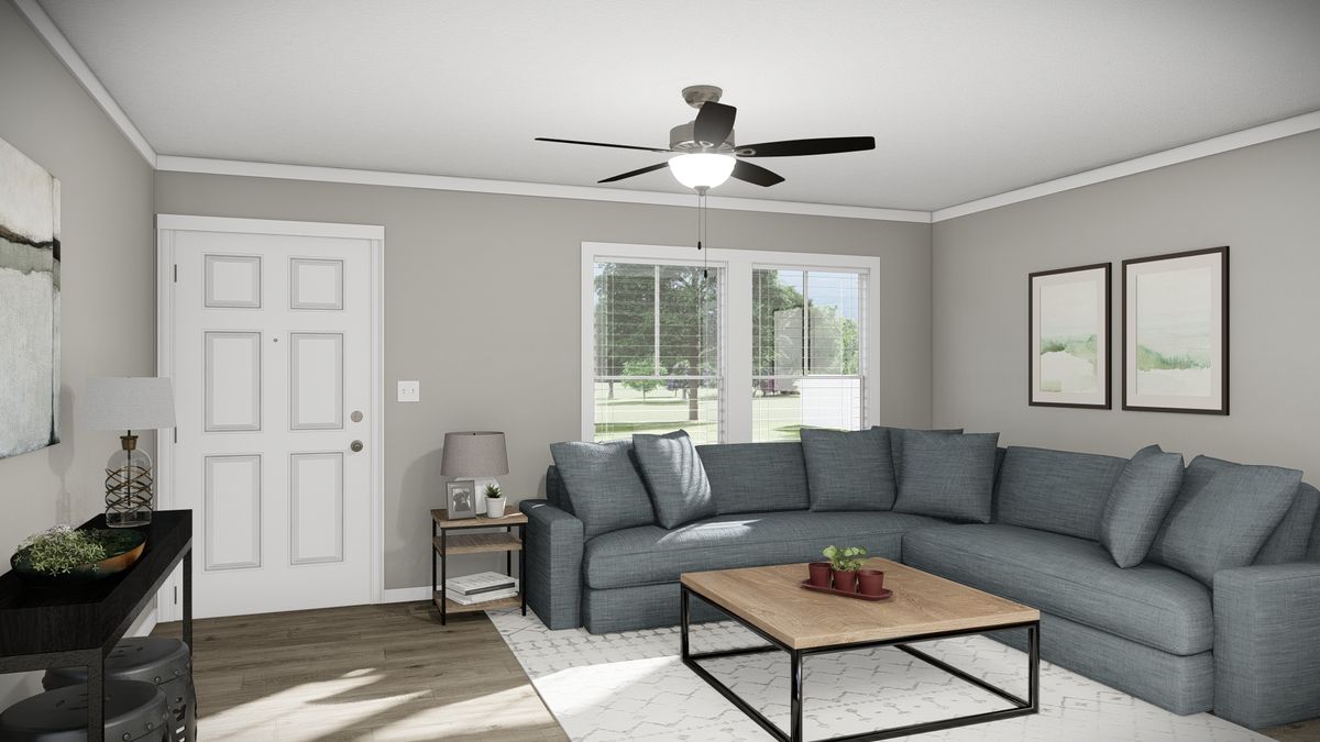 27d34ef8-e7eb-42d4-bd66-48259d9ccf92 A rendering of a living room with a gray couch and coffee table.