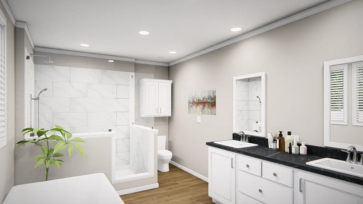 A 3d rendering of a bathroom with white cabinets and black counter tops.