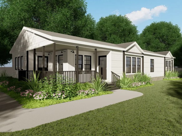A rendering of a small home with a front porch.