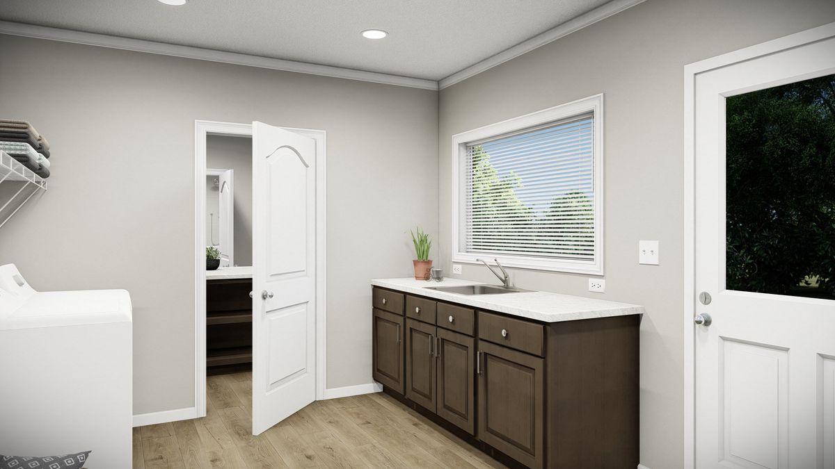 A rendering of a laundry room with a washer and dryer.