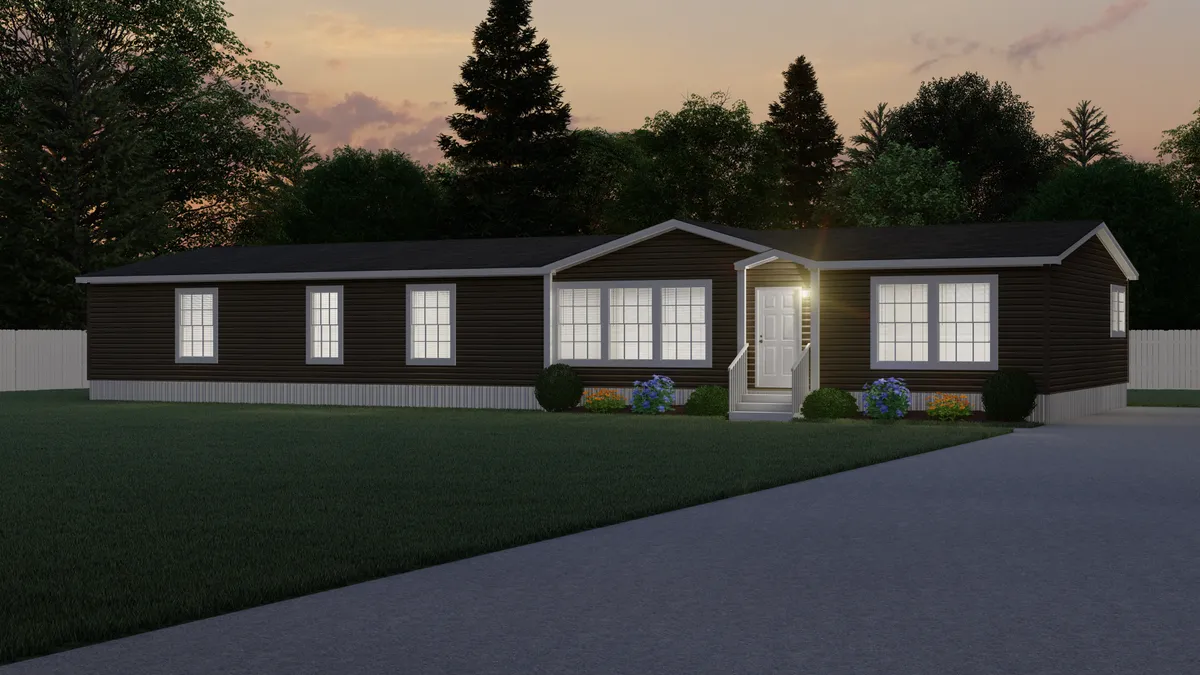 2a707083-0f49-41b5-b471-6e27589e7393 A rendering of a mobile home at dusk.