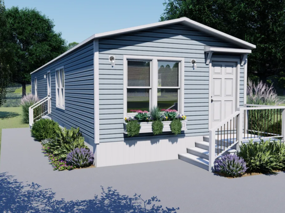 A rendering of a small mobile home.