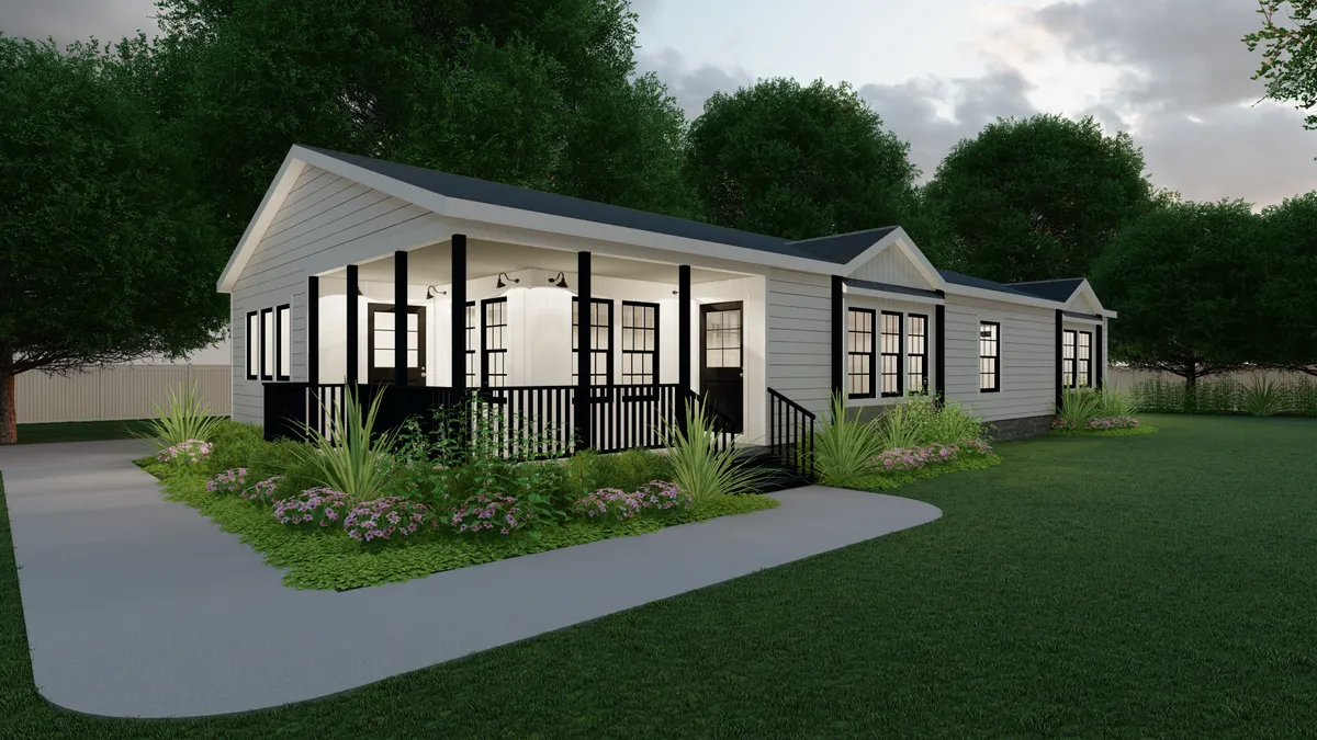 A rendering of a small home with a porch.