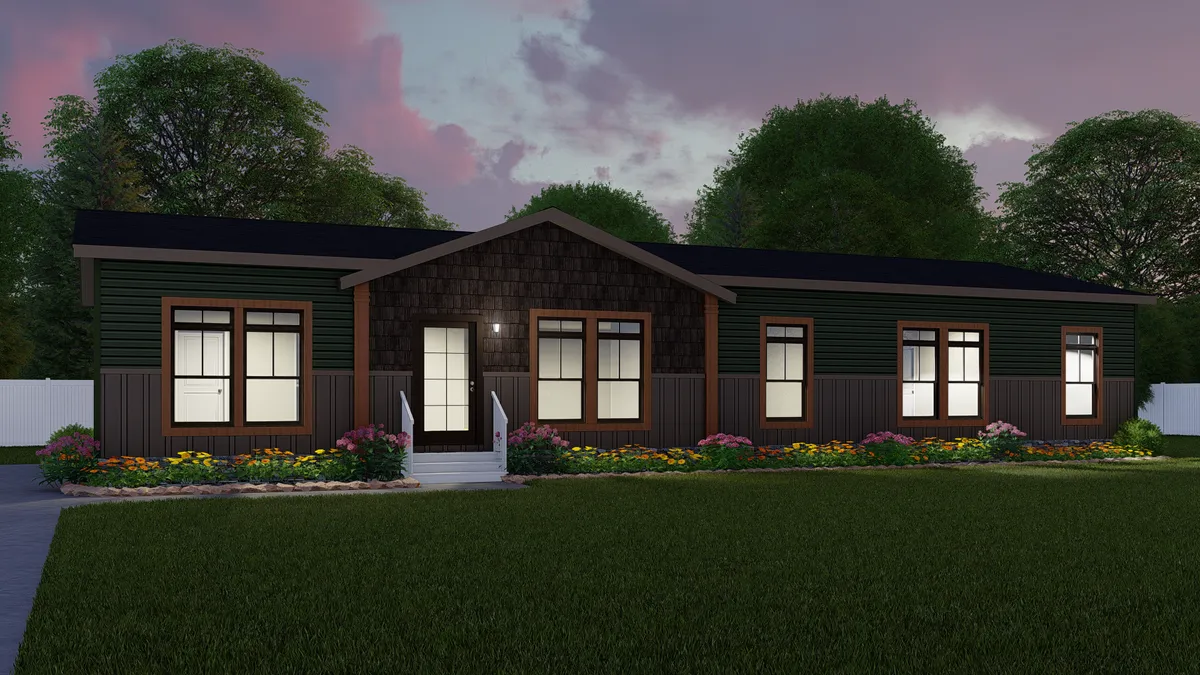 A rendering of a mobile home at dusk.