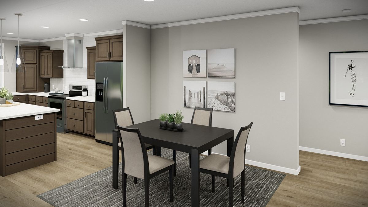 A 3d rendering of a kitchen and dining room.