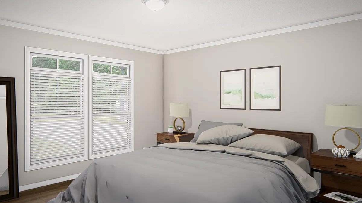 A 3d rendering of a bedroom with a bed and dresser.