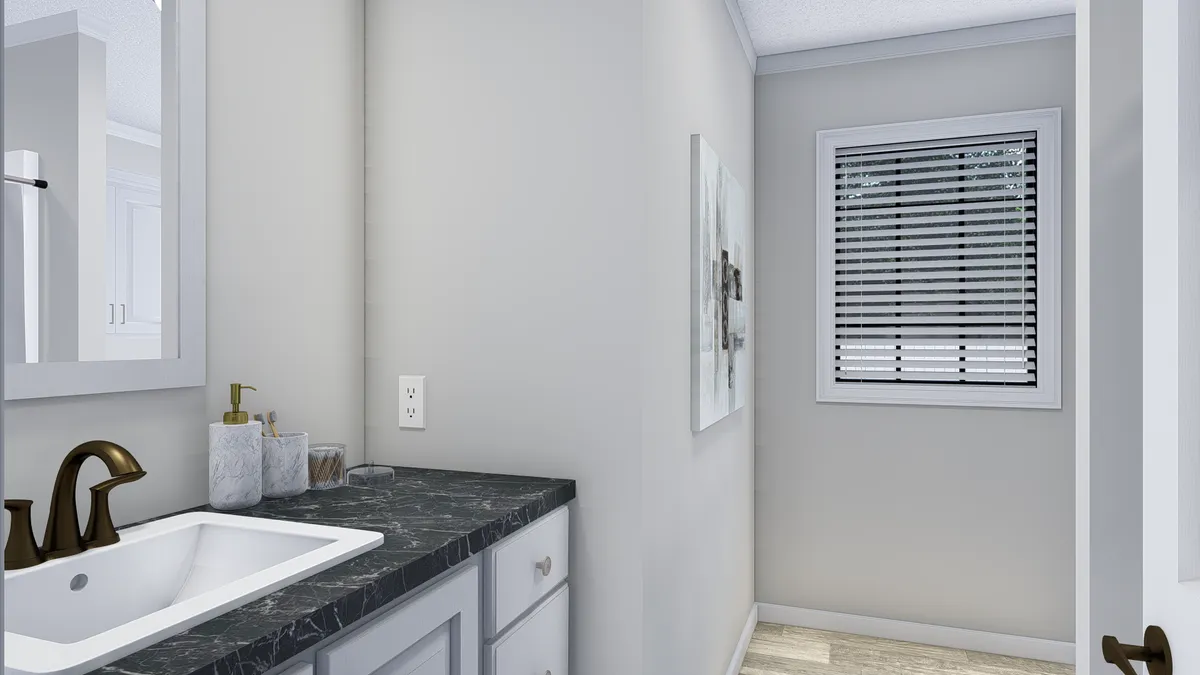 A 3d rendering of a bathroom with a sink and mirror.