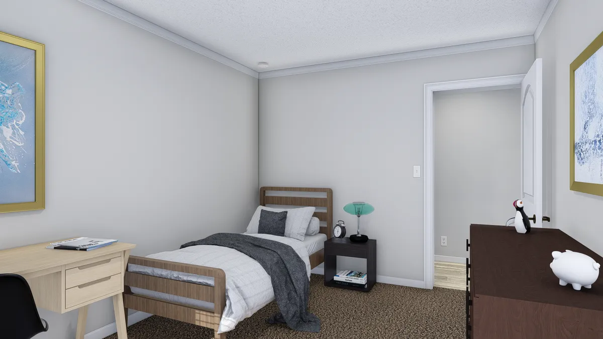 A rendering of a small bedroom with a bed and desk.