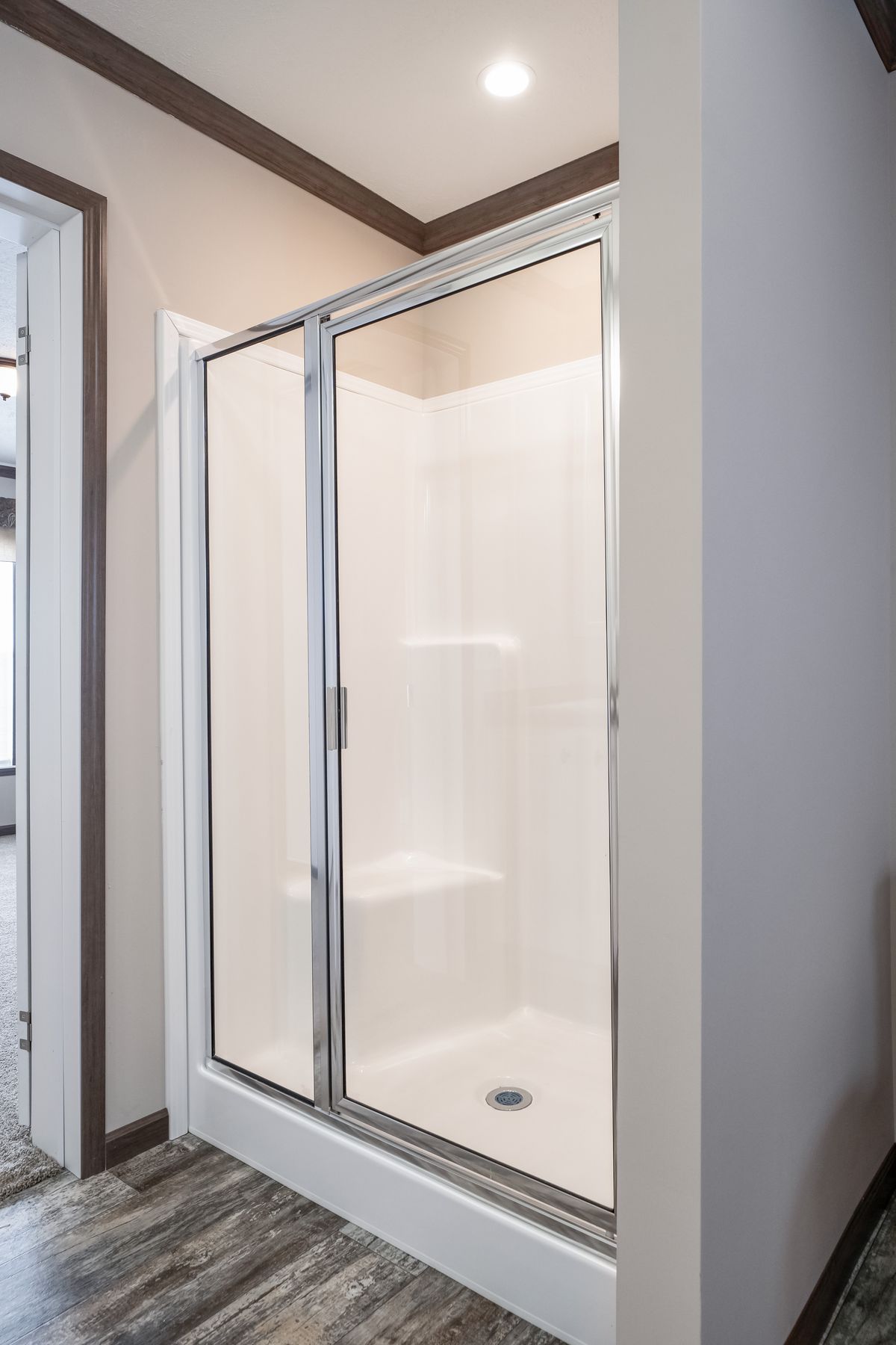 A bathroom with a walk in shower and a toilet.