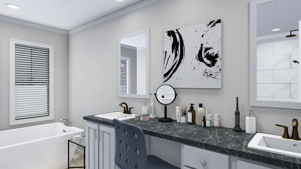 A 3d rendering of a bathroom with a tub and sink.