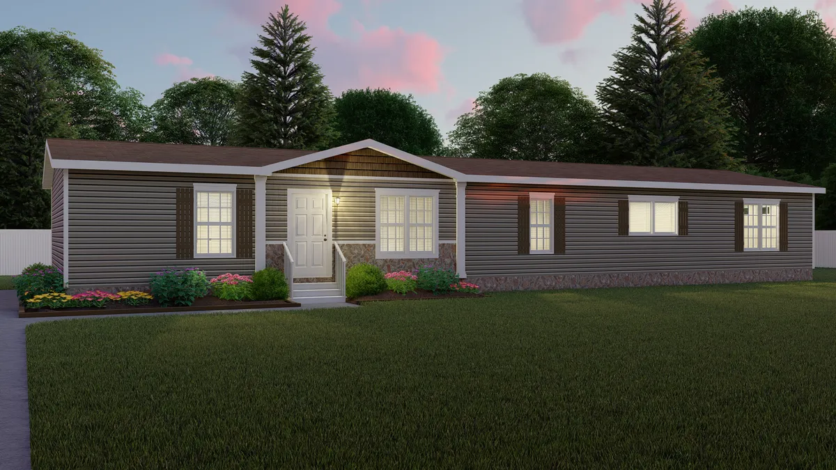 A rendering of a mobile home at dusk.