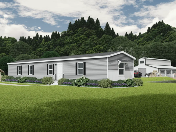 A rendering of a mobile home in the countryside.
