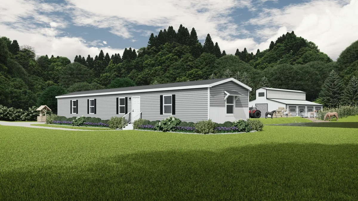 A rendering of a mobile home in the countryside.