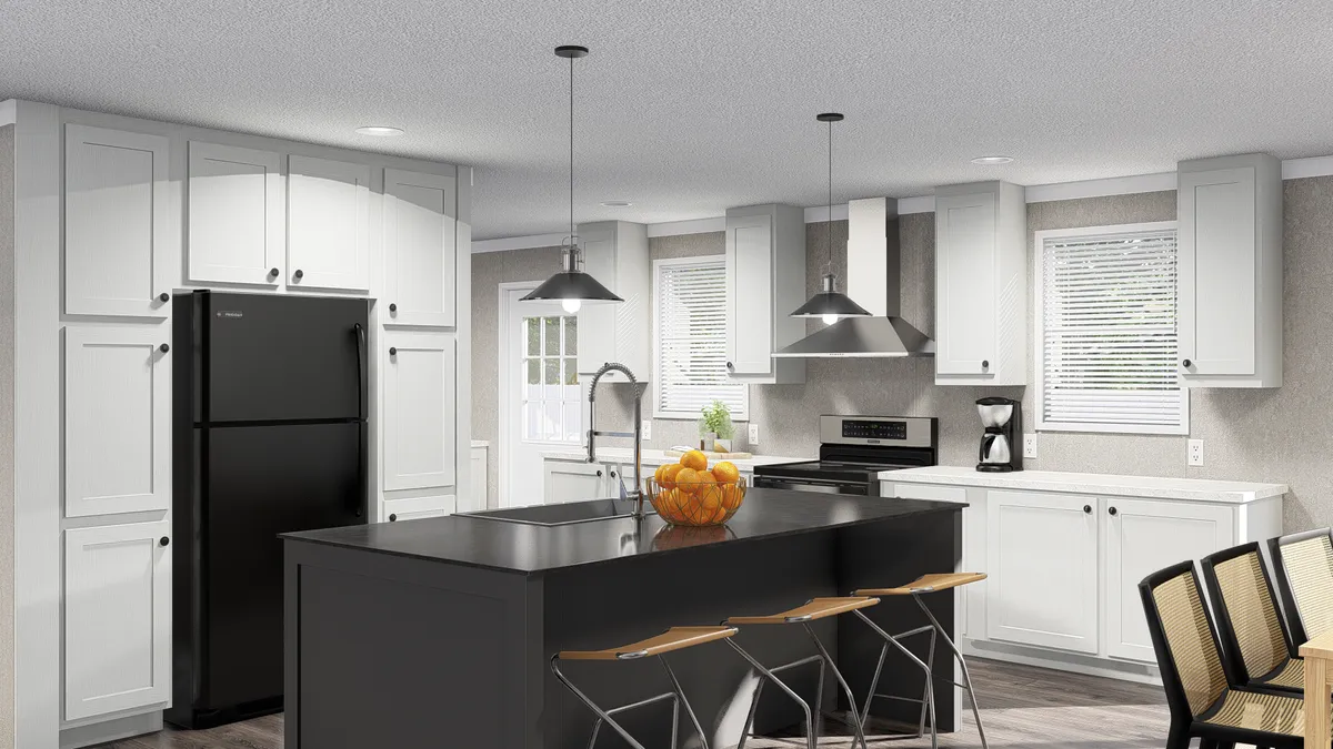 kitchen, white cabinets, black counter tops