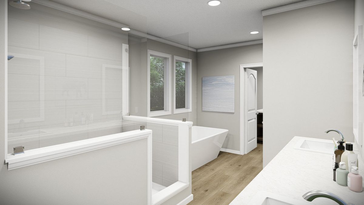 A 3d rendering of a bathroom with a walk in shower.