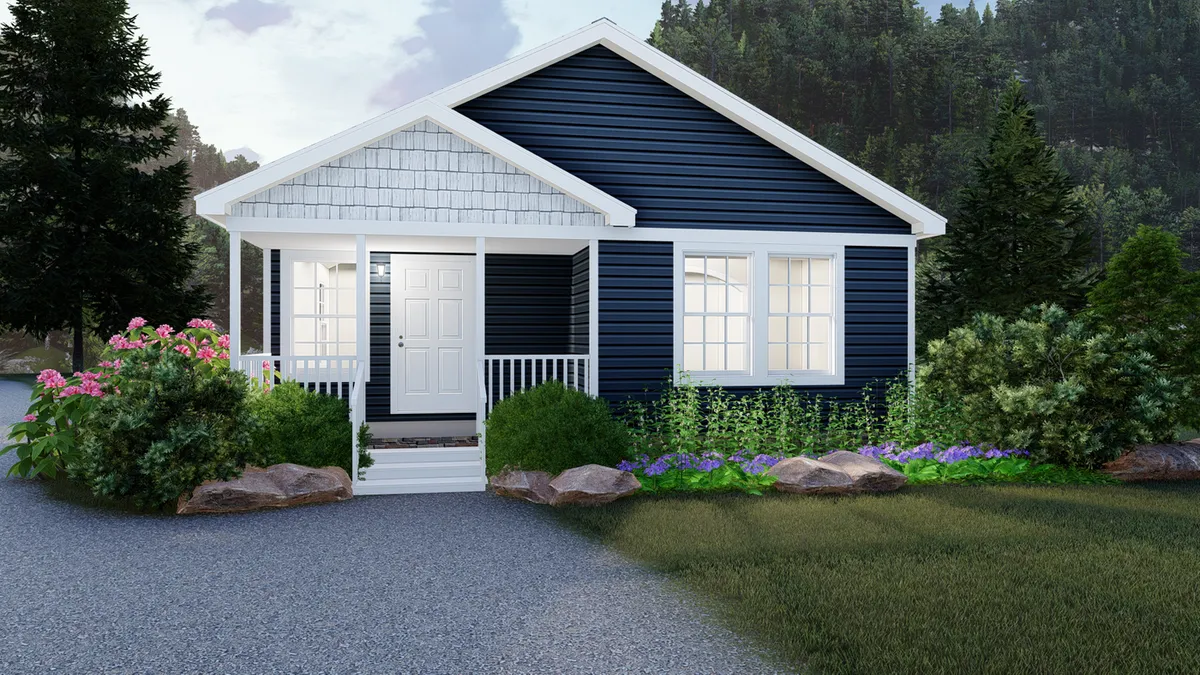 A rendering of a small blue house in the woods.