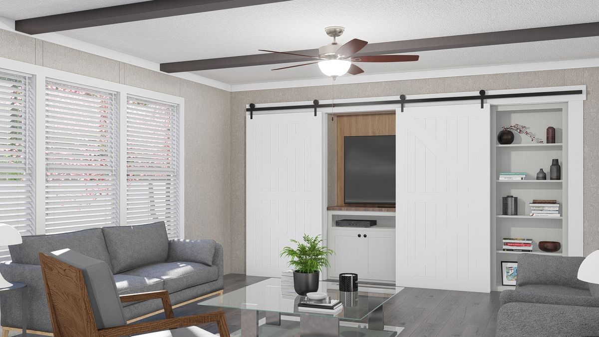 A rendering of a cozy living room in a mobile home.