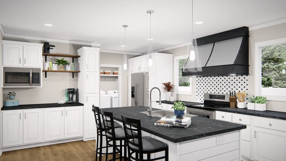 A rendering of a kitchen with white cabinets and black counter tops.