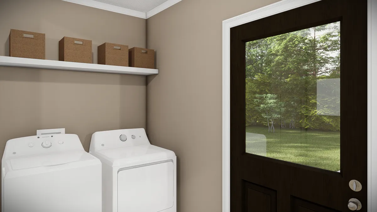 A rendering of a laundry room with a washer and dryer.
