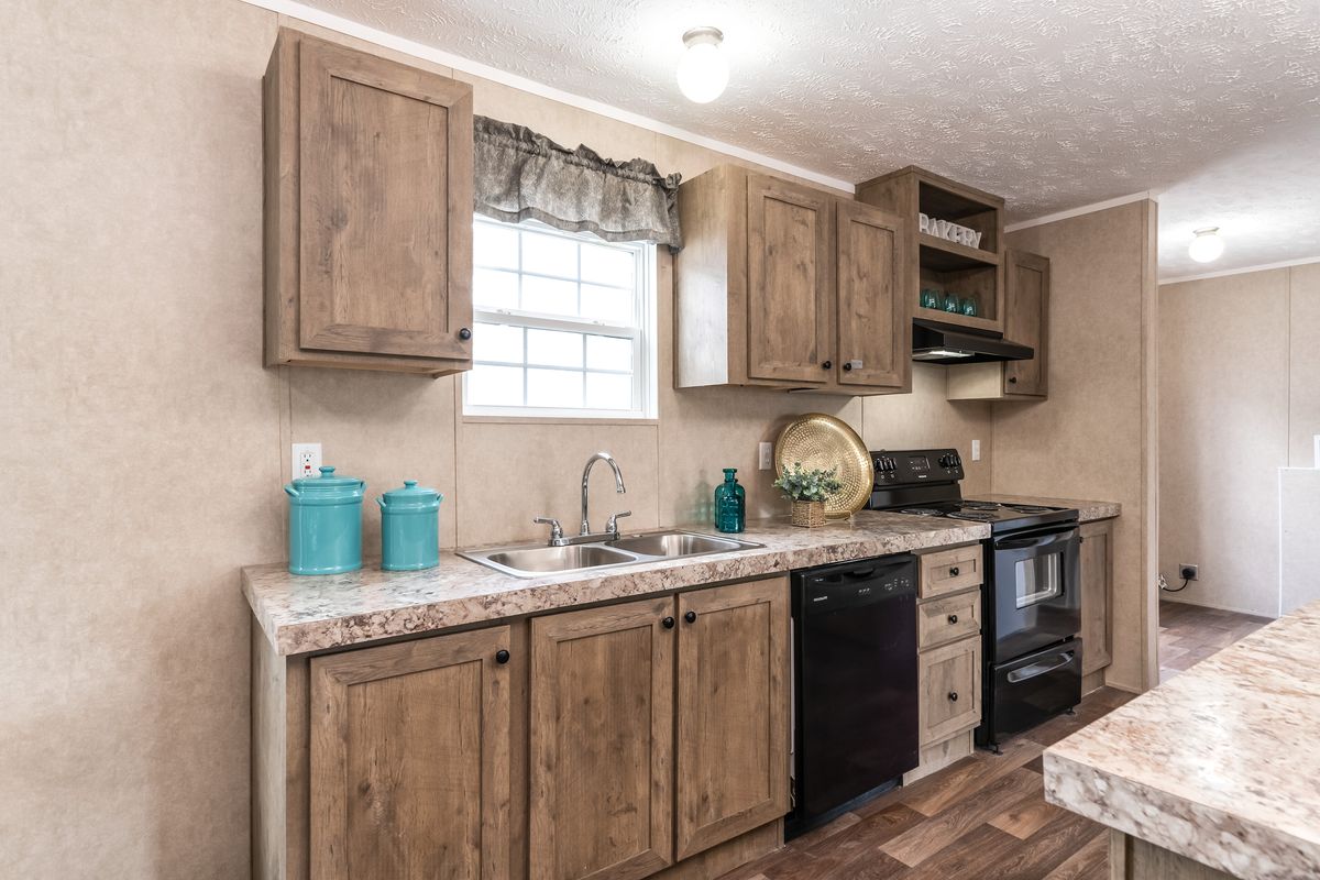 mobile home, wood cabinets